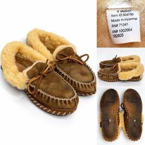 L.L.Bean Women’s 9 Brown Suede Shearling Moccasin Slippers Leather Soles Vintage